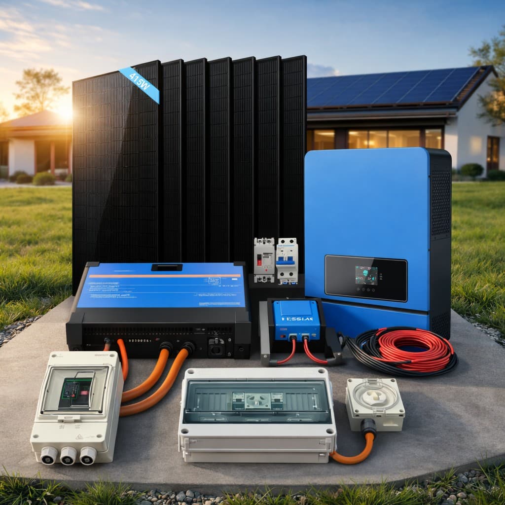 Technician on rooftop with solar panel array and city skyline