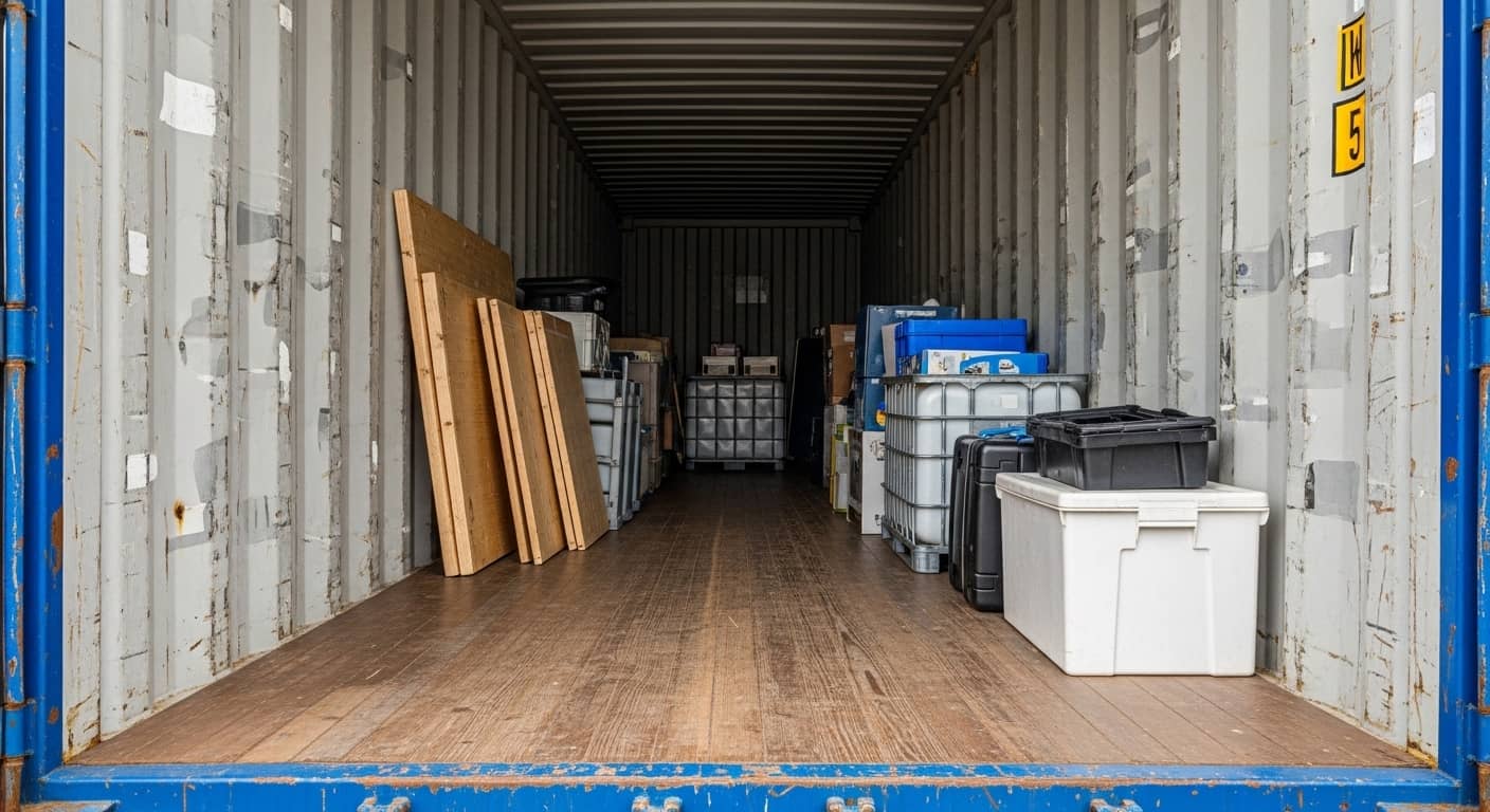 Shipping container interior loaded with mixed cargo including crates, bins, boxes, and an IBC tank