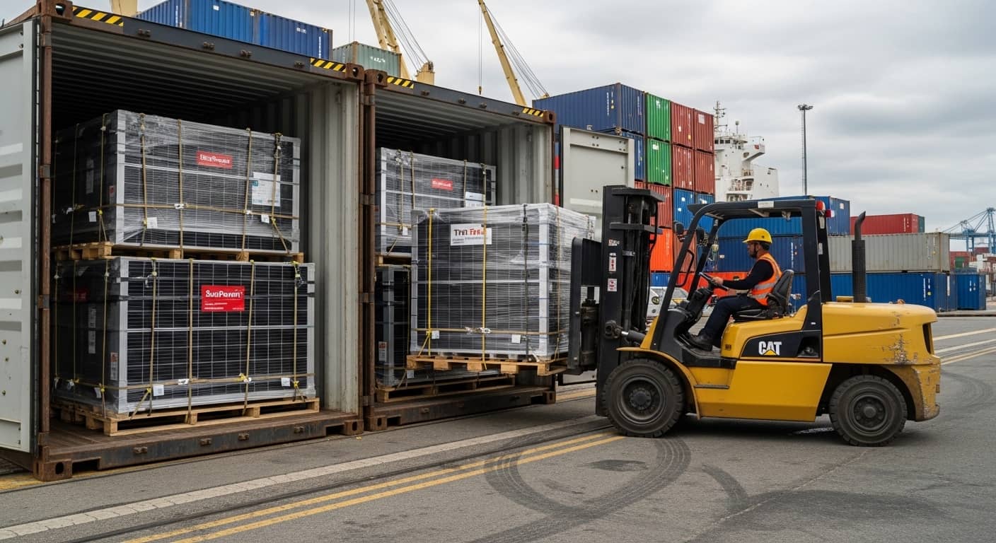 Forklift loading shrink-wrapped solar panel pallets into a shipping container at a port terminal