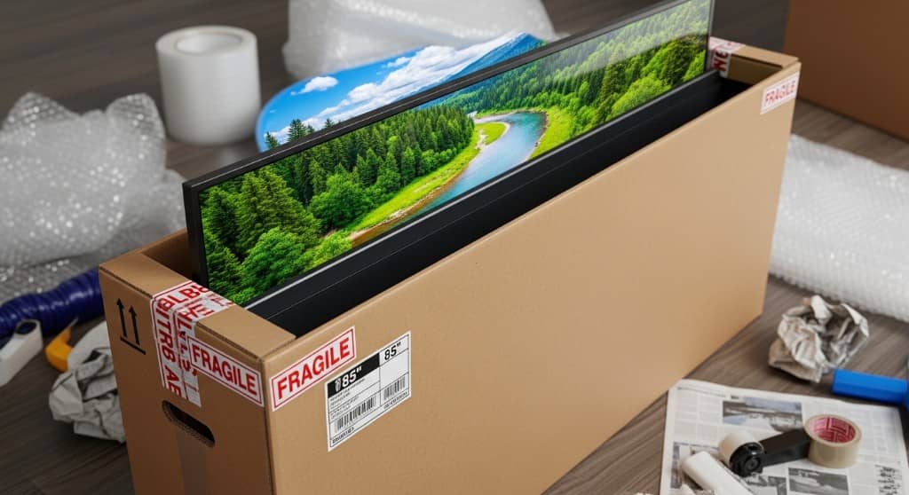 Flat-screen TV packed in a labeled cardboard box with fragile stickers, bubble wrap, and packing supplies on a wood floor