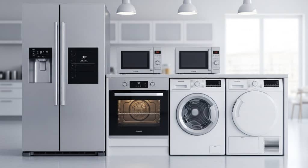 Stainless steel refrigerator, microwaves, built-in oven, washer and dryer in a bright modern kitchen