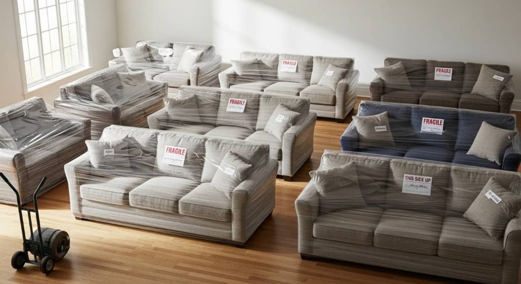 Multiple sofas wrapped in plastic stretch film with fragile labels in a bright room ready for moving